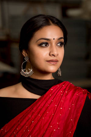 Elegant Keerthi Suresh In Red And Black Saree Wallpaper