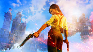 Elizabeth And Booker Dewitt Battle The Airborne City Of Columbia, In Bioshock Infinite Wallpaper