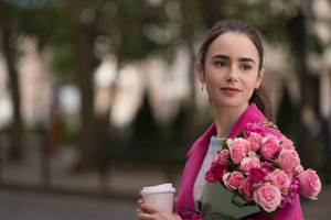 Emily Bloom In Paris, Strolling With Pink Roses. Wallpaper