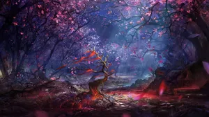 Enchanted_ Forest_ Glowing_ Tree Wallpaper