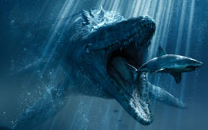 Enjoying The View Of The Jurassic World Mosasaurus Underwater Wallpaper