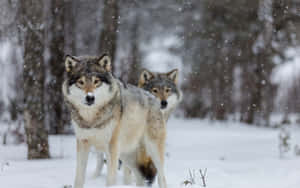 Epic Wolves In Snow Covered Forest Wallpaper