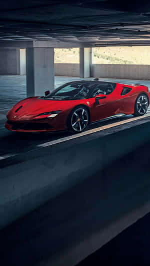 Ferrari 488 Spider - A Red Sports Car Driving In A Parking Garage Wallpaper