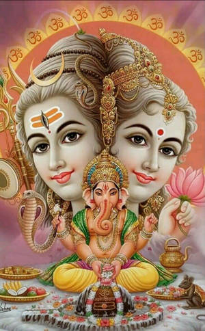 Festive Shiva Parvati Merged Head And Ganesha Wallpaper