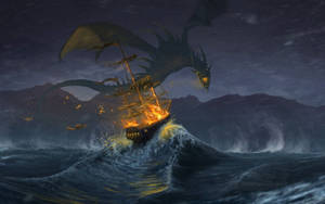 Flaming Boat And Japanese Dragon Pc Wallpaper