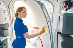 Flight Attendant Ready For Passenger Boarding Wallpaper