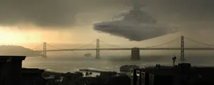Floating Ship Over Bridge Dual Monitor Wallpaper