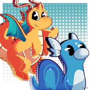 Flying Side By Side, Dragonite And Dratini Grace The Skies. Wallpaper