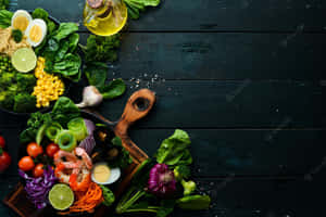 Fresh Vegetables And Fruits On A Wooden Table Wallpaper