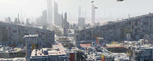 Futuristic City With Flying Drones Wallpaper