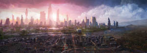 Futuristic City With Pink Sky Wallpaper