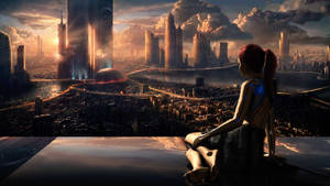 Futuristic Desktop With Girl Enjoying Sunset Wallpaper