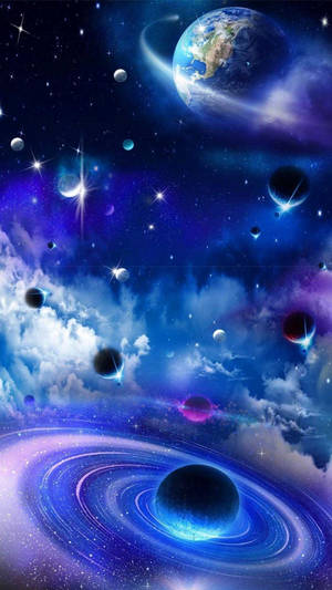 Galaxy Background With Falling Planets Wallpaper