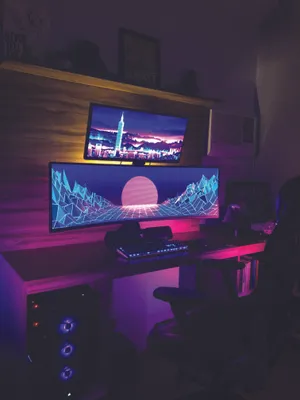 Gaming Room Ultrawide Stacked Monitors Wallpaper