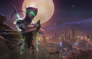 Genji Stands Tall On A Rooftop, Surveying The Modern Cityscape Wallpaper