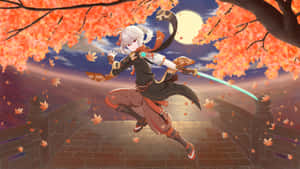 Genshin Impact Kazuha With Green Lightning Blade Wallpaper