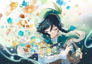 Genshin Venti With Colorful Flowers Wallpaper