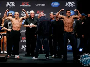 Georges St-pierre And Nick Diaz Face-off During The Weigh-in Wallpaper