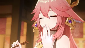 Giggling Yae Miko Pfp With Chopsticks Wallpaper