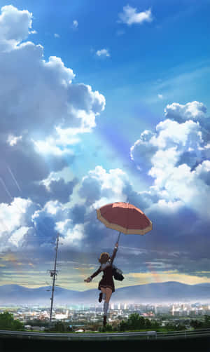Girl Leaping With Umbrella Anime Art Wallpaper