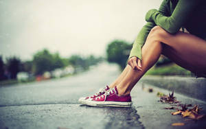 Girl Sitting On Sidewalk Photography Wallpaper