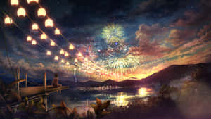 Girl Watching The Fireworks Display Painting Wallpaper