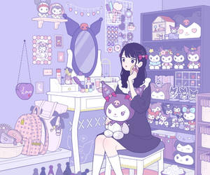 Girl With My Melody Kuromi Stuffed Toys Wallpaper