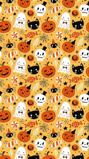 Girly Halloween Cute Icons Orange Wallpaper