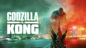 Godzilla Vs Kong - A City With A Large Statue Of Godzilla Wallpaper