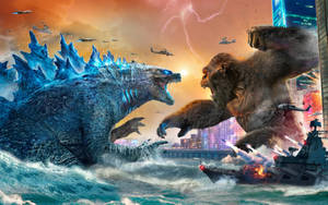 Godzilla Vs Konga Battles In The Ocean Wallpaper