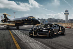 Gold Bugatti Veyron Car With Plane Wallpaper