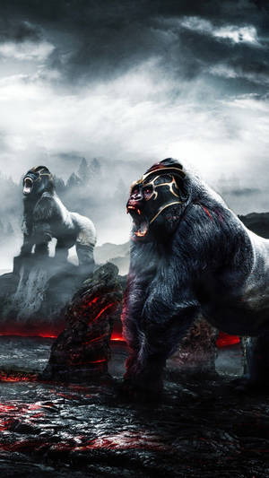 Gorillas In Volcano Art Wallpaper