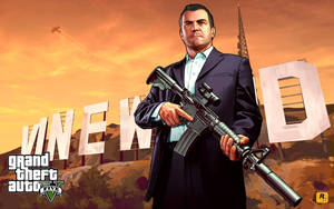 Grand Theft Auto V Michael On Vinewood Sign Wallpaper