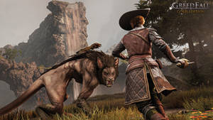 Greedfall Videogame Character And Lion Wallpaper