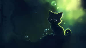 Green Anime Black Kitten Wallpaper