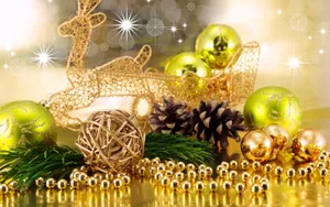 Green Gold Christmas Balls With Reindeer Wallpaper