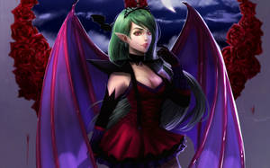 Green Haired Succubus With Roses Wallpaper