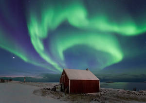 Green Sky With Red Cabin Wallpaper