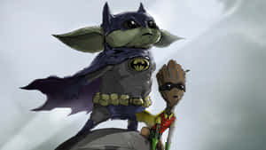 Grogu Batmanand Groot Robin Crossover Art Wallpaper