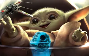 Grogu Playing With Starfighter Toy Wallpaper