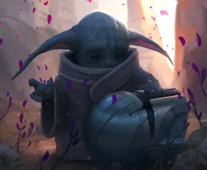 Grogu_with_ Helmet_and_ Falling_ Petals Wallpaper