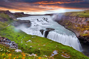 Gullfoss Waterfall In Southwest Iceland During Nightfall Wallpaper