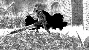 'guts - Black Swordsman Striking A Powerful Blow In Berserk Manga' Wallpaper