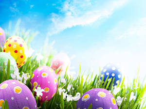 Happy Easter Eggs With Cloud Scenery And Grass Wallpaper