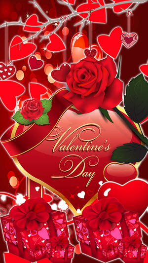 Happy Valentine’s Day Gifts And Hearts Greeting Wallpaper