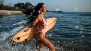 Happy Woman Surfboard Wallpaper