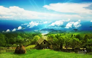 Hay Stacks Near A Farmhouse Desktop Wallpaper