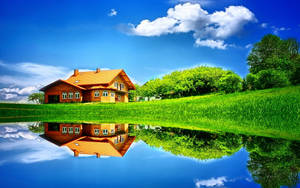 High Resolution Farmhouse By Lake Wallpaper