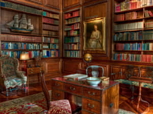 Home Library Desk And Bookshelves Wallpaper