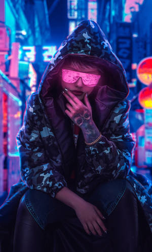 Hoodie Girl With Glowing Glasses Wallpaper